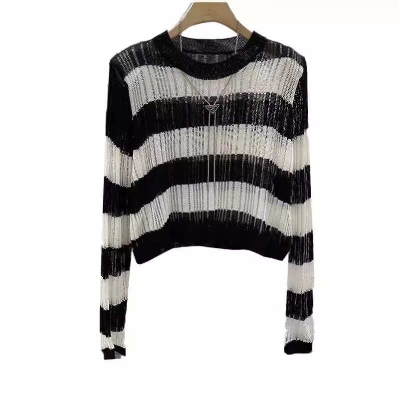 (image for) Ribbed knit striped sweater with open-knit finish
