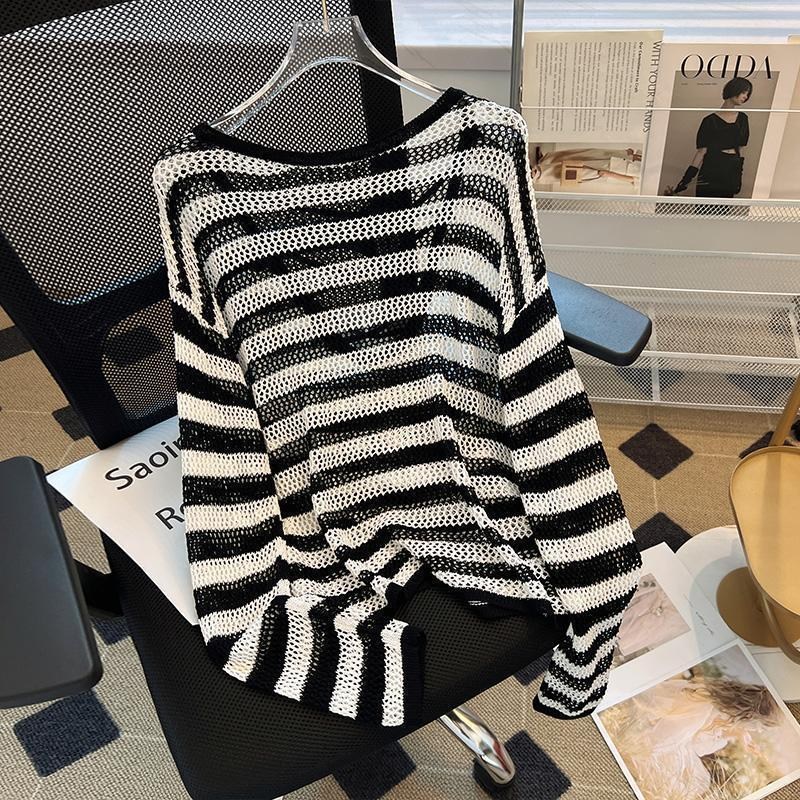 (image for) Open-knit striped sweater with wide neckline