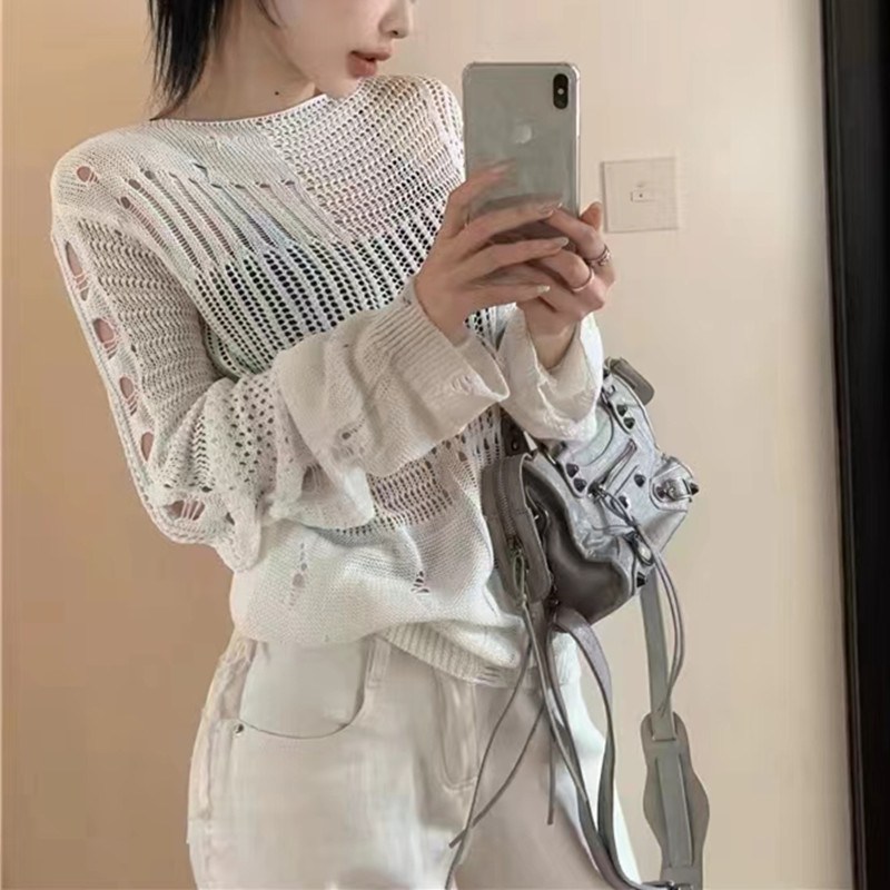 (image for) Oversized open-knit sweater with distressed finish
