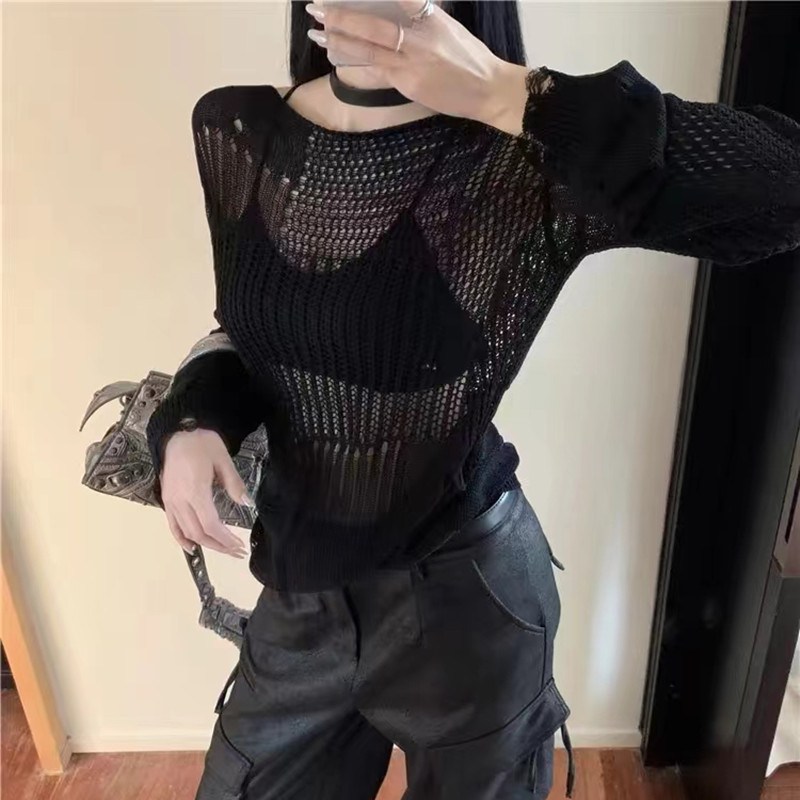 (image for) Oversized open-knit sweater with distressed finish