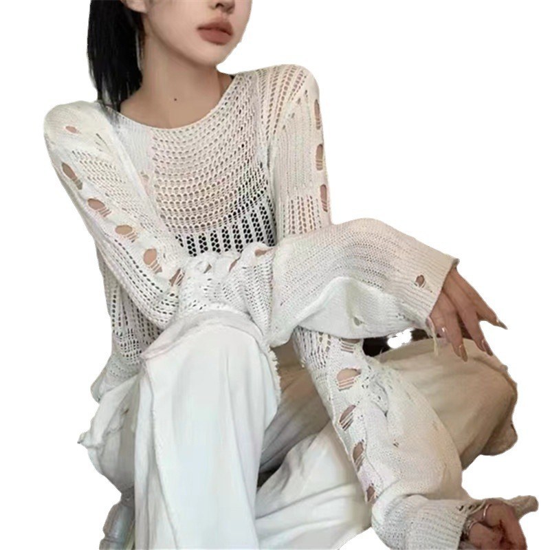 (image for) Oversized open-knit sweater with distressed finish