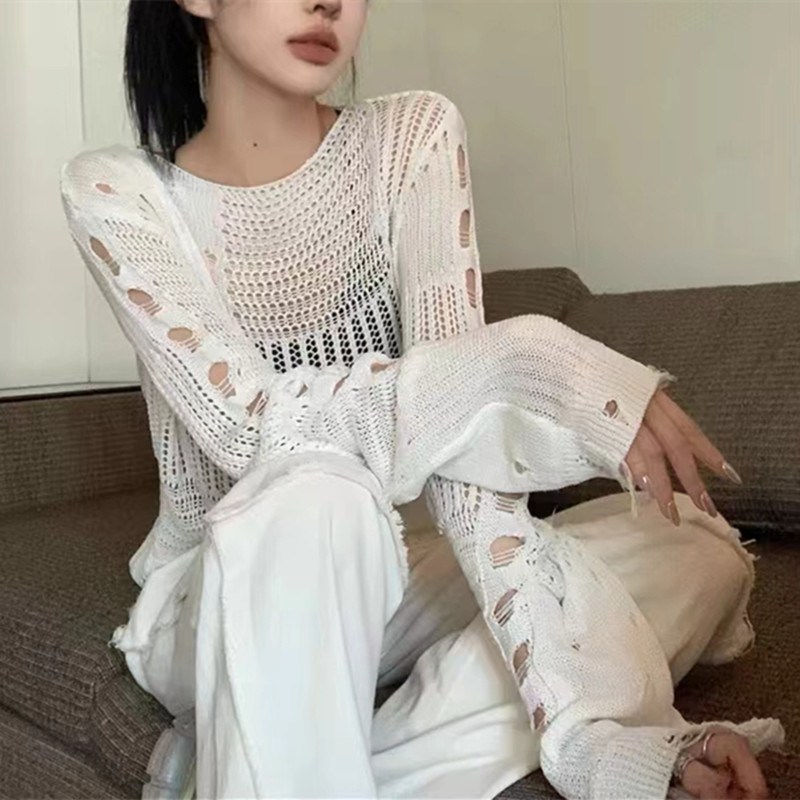 Oversized open-knit sweater with distressed finish (image for) Oversized open-knit sweater with distressed finish