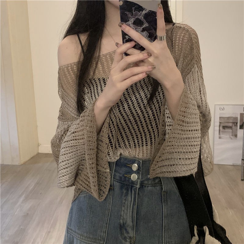 (image for) Sheer open-knit oversized top with bell sleeves