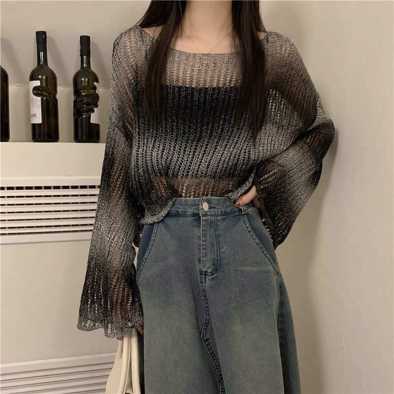 (image for) Sheer open-knit oversized top with bell sleeves
