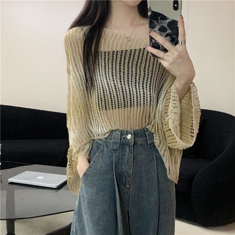 (image for) Sheer open-knit oversized top with bell sleeves