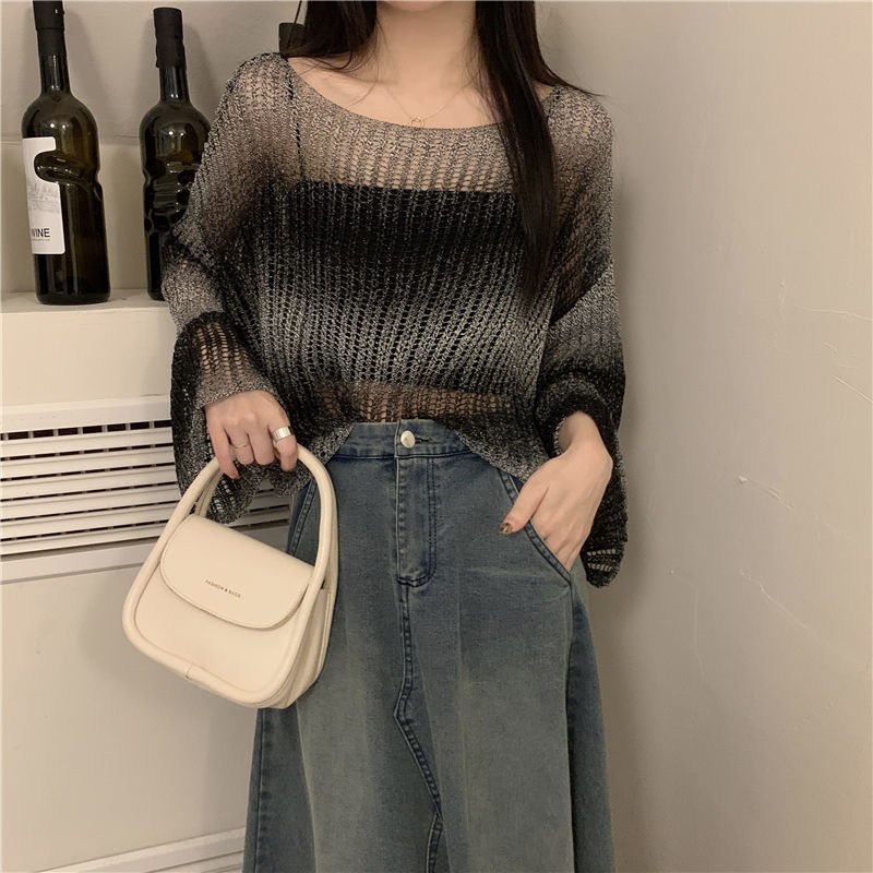 (image for) Sheer open-knit oversized top with bell sleeves